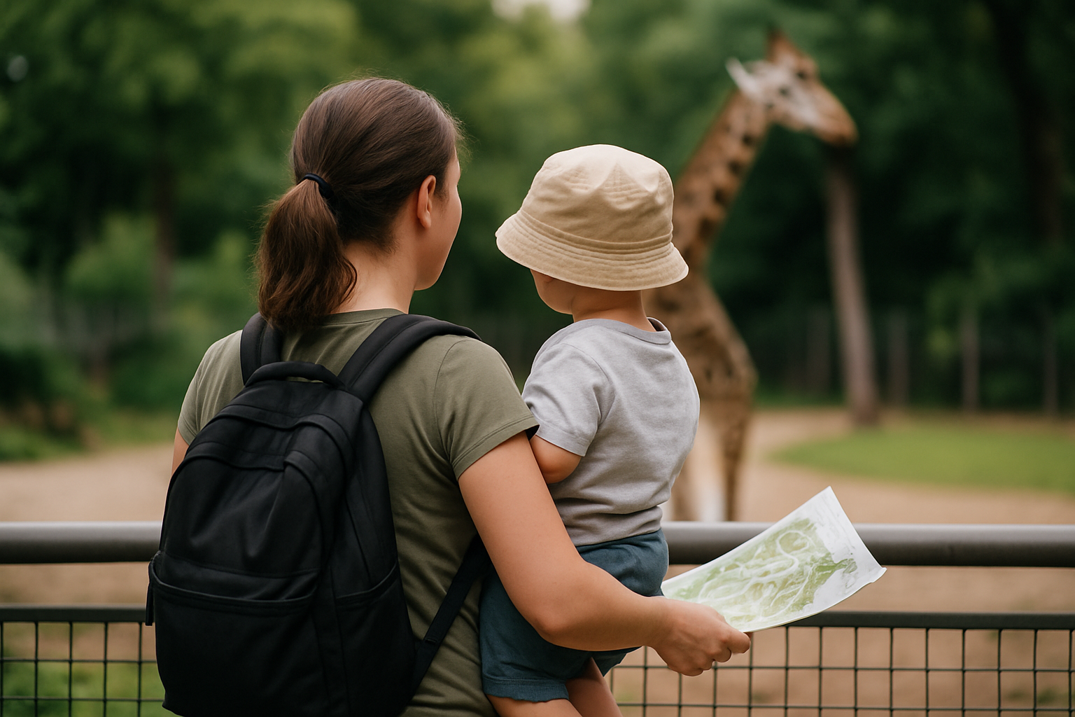 Matka z dzieckiem na rękach obserwująca żyrafę w zoo, trzymająca mapę atrakcji. Zielone otoczenie i ogrodzenie w tle.