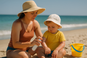 Matka smarująca dziecko kremem przeciwsłonecznym na plaży, z żółtym wiaderkiem obok. Słoneczna pogoda, spokojne morze w tle.