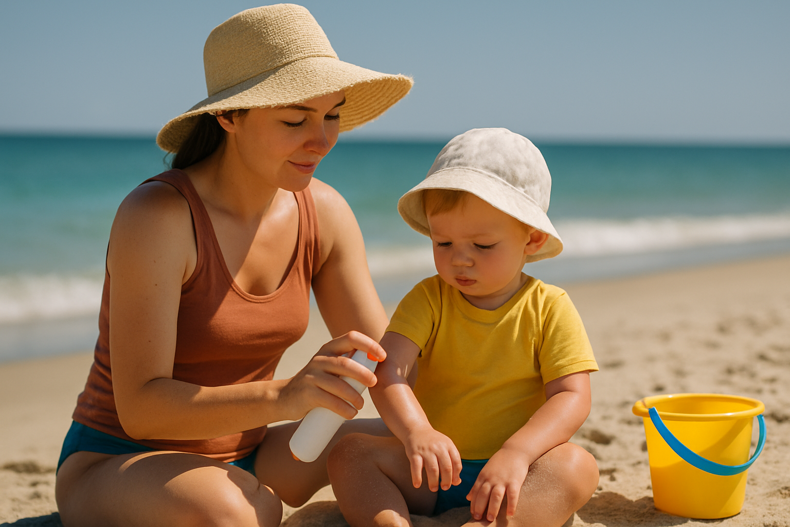 Matka smarująca dziecko kremem przeciwsłonecznym na plaży, z żółtym wiaderkiem obok. Słoneczna pogoda, spokojne morze w tle.