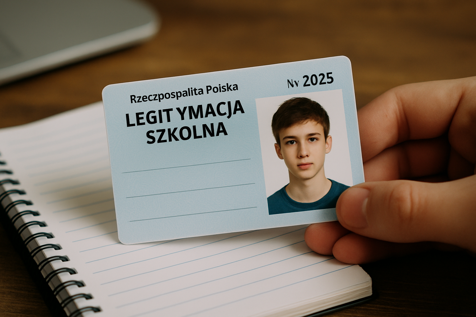 Legitymacja szkolna z Rzeczypospolitej Polskiej na rok 2025, trzymana w ręku, z widocznym zdjęciem ucznia, leży na notesie.