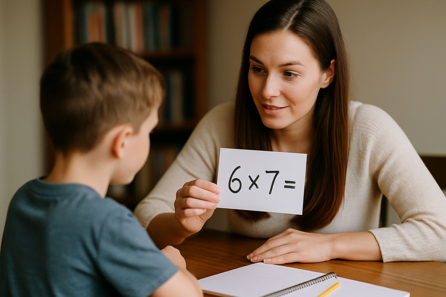 Nauczycielka pokazuje dziecku kartkę z zadaniem matematycznym "6 x 7 =", podczas nauki w domowym otoczeniu.