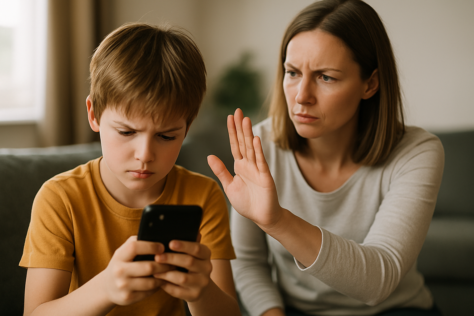 Matka zwraca uwagę synowi, który skupiony na telefonie, wygląda na zmartwionego. Scena ukazuje relacje rodzicielskie i problemy związane z nadmiernym korzystaniem z technologii.