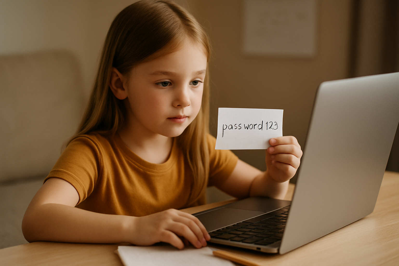 Dziecko siedzi przy biurku, trzymając kartkę z hasłem „password123” w ręku, podczas korzystania z laptopa. W tle widać przytulne wnętrze.