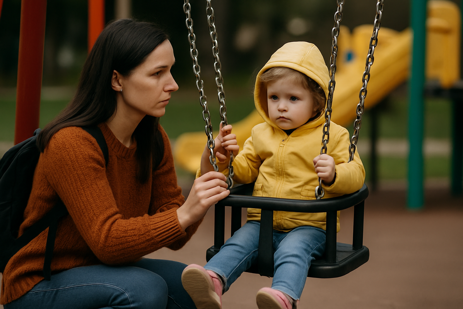 Matka siedzi na huśtawce obok małej dziewczynki w żółtej kurtce, na placu zabaw. Obie postacie mają poważne wyrazy twarzy, a w tle widać inne elementy placu zabaw.