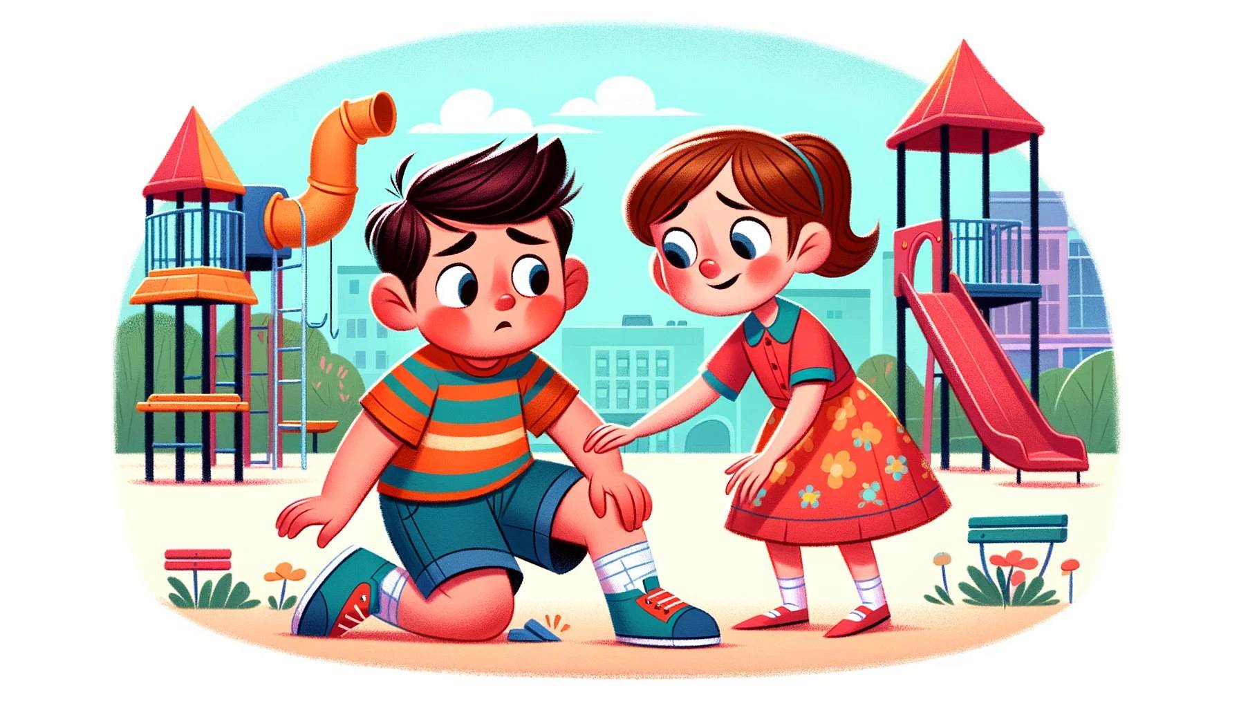 Dzieci na placu zabaw: chłopiec zmartwiony po upadku, dziewczynka pocieszająca go. W tle zjeżdżalnia i huśtawki, słoneczna pogoda. Ilustracja przedstawia przyjaźń i wsparcie w trudnych chwilach.