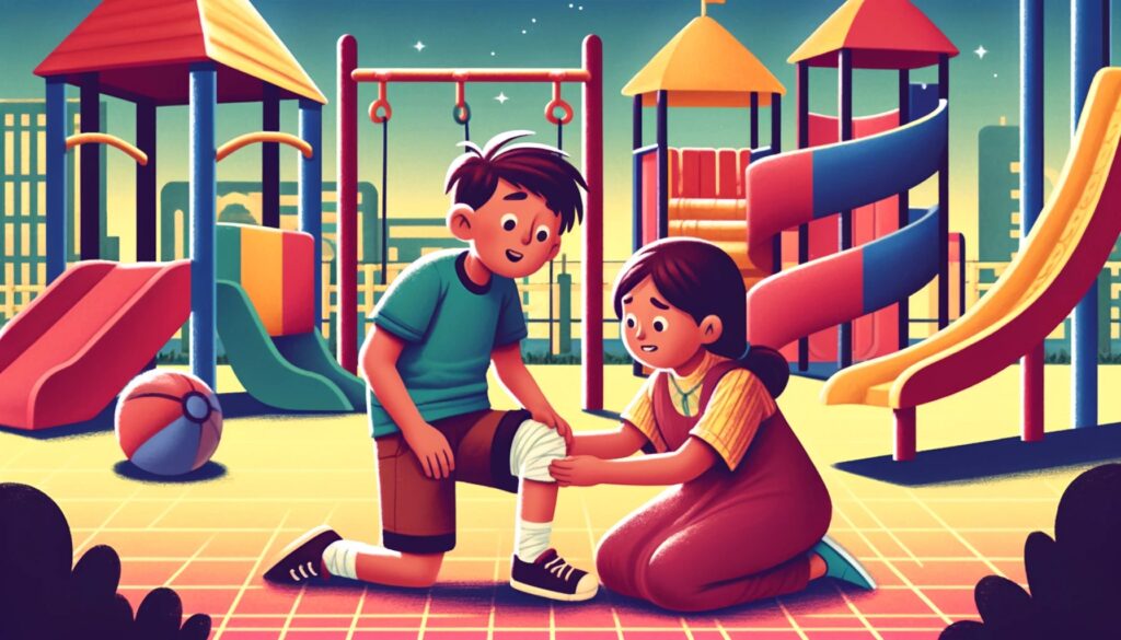 Dzieci bawią się na placu zabaw; chłopiec z raną na kolanie, dziewczynka opatruje go. W tle zjeżdżalnie i huśtawki.