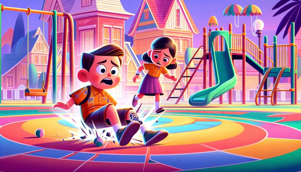 Dzieci bawiące się na placu zabaw, jedno z nich upada na kolorowy chodnik, a drugie z niepokojem podbiega. W tle widoczne huśtawki i zjeżdżalnia.